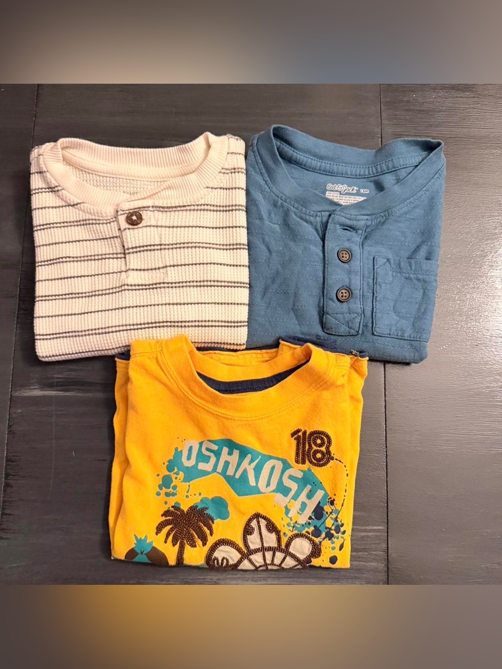 OshKosh B'gosh Yellow Graphic Tee with Cream Stripe and Blue Henleys - 3-Pack